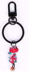Брелок DARIFLY "Красный котик в цветочек с бусинкой" с черным карабином и кольцом для ключей (диаметр 3 см), в подарочной упаковке