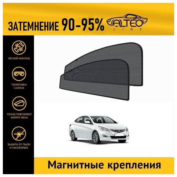 Каркасные автошторки ALTEO PREMIUM на Hyundai Solaris 1 рестайлинг (2014-2017) седан на передние двери на магнитах с затемнением 90-95%