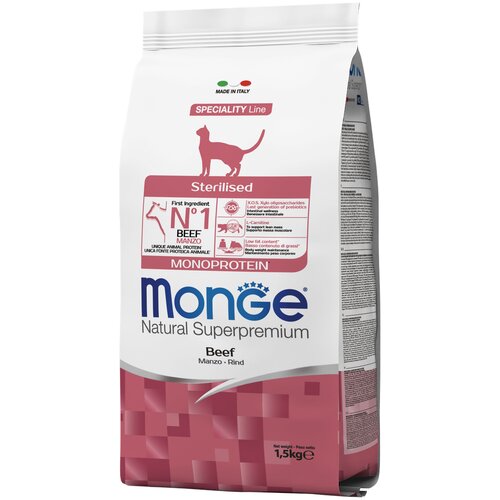 Сухой корм для стерилизованных кошек Monge Monoprotein, с говядиной 1.5 кг