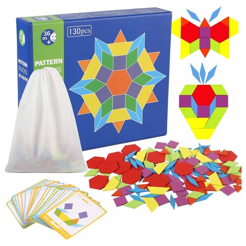 Деревянная мозаика танграм монтессори Pattern Blocks 130 деталей