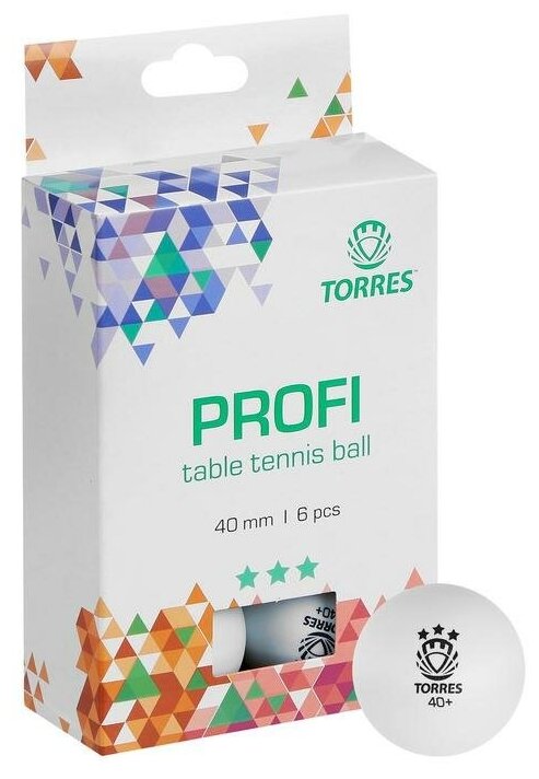 Мяч для настольного тенниса Torres Profi, 3 звезды,40 мм, набор 6 шт, цвет белый./В упаковке шт: 1