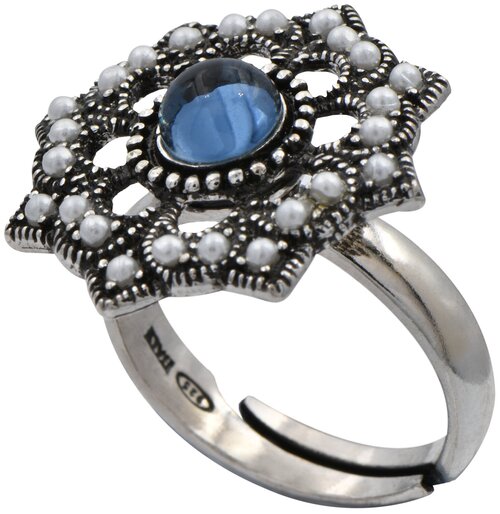 Кольцо STILE ME, серебро, 925 проба, фианит, жемчуг пресноводный, стекло, безразмерное, синий, серебряный