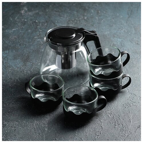 Набор чайный «Клео»: чайник стеклянный заварочный 900 мл, с металлическим ситом, 4 кружки, 150 мл