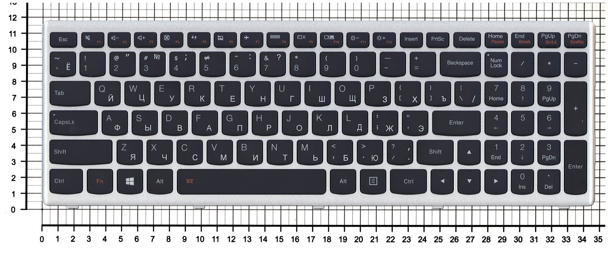 Клавиатура для ноутбука Lenovo NSK-BF0SC черная с серебристой рамкой и подсветкой