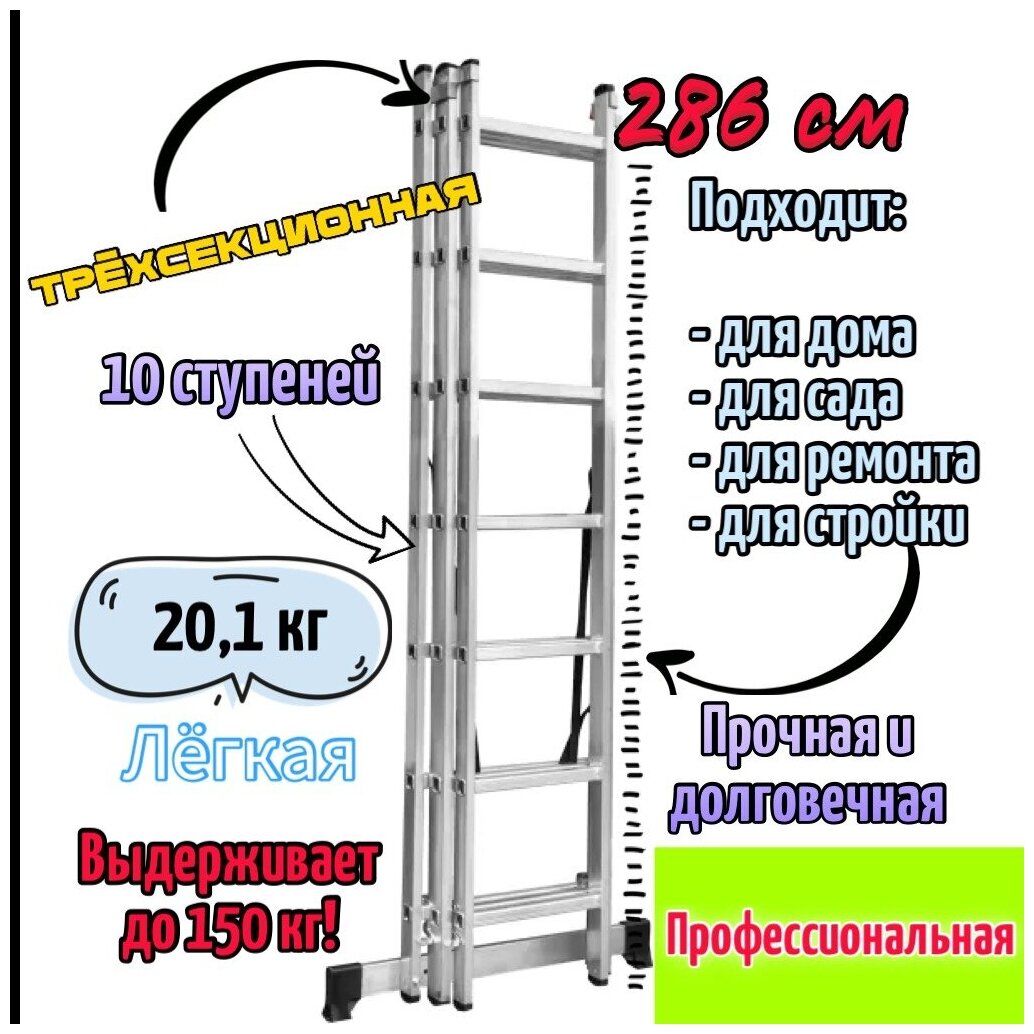 Лестница трёхсекционная 3х10 Высота (82 профиль) 687 см