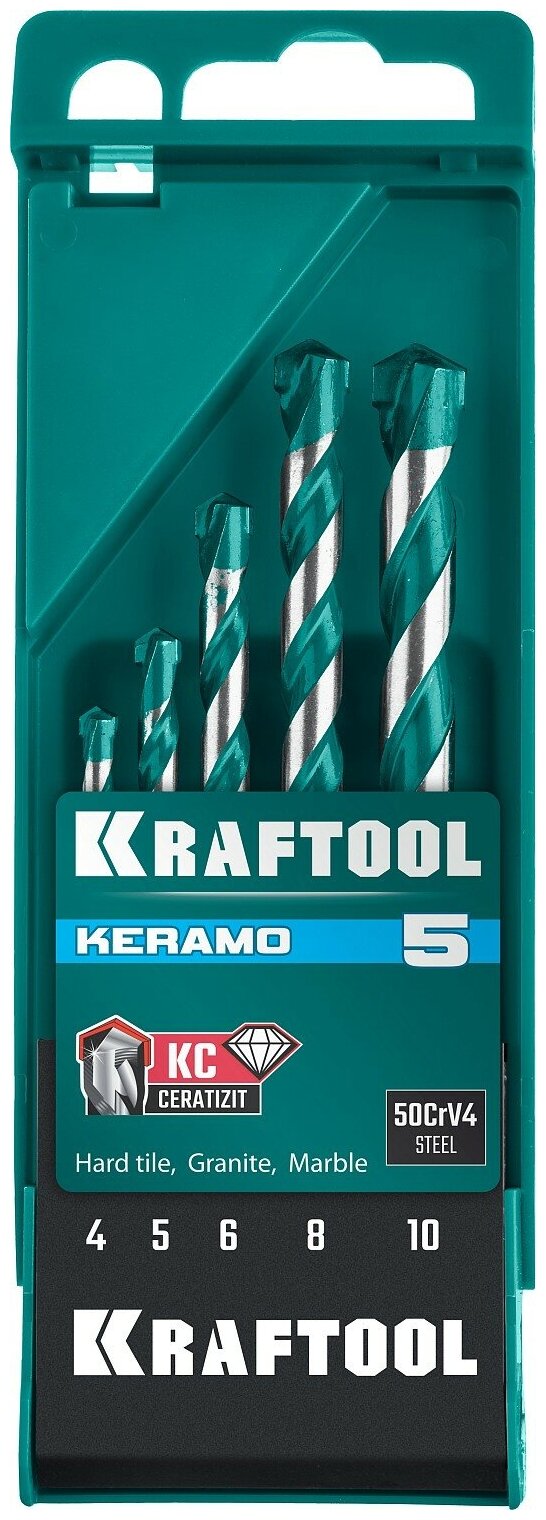 KRAFTOOL KERAMO 5 шт: 4-5-6-8-10 мм набор сверл по керамограниту с твердосплавной пластиной
