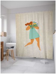 Штора (занавеска) для ванной JoyArty "Девушка в платье с букетом" из сатена, 180х200 см с крючками