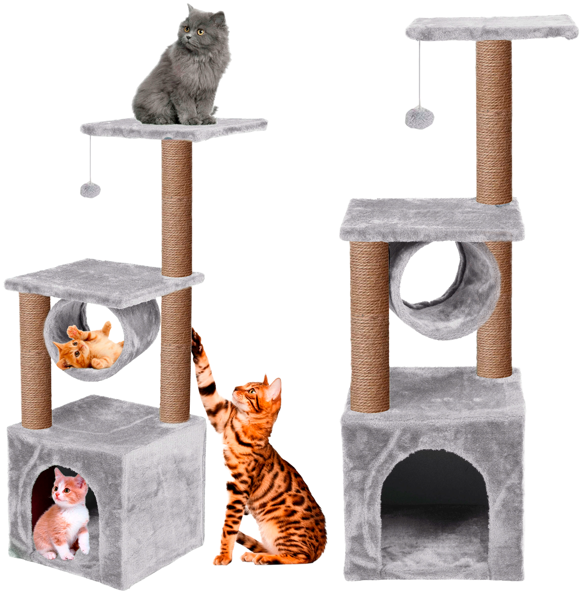 Домик для кошки с когтеточкой с тоннелем (ЭЦ) 35 x 35 х 93 см, комплекс с двумя лежаками для кошек серый - фотография № 2