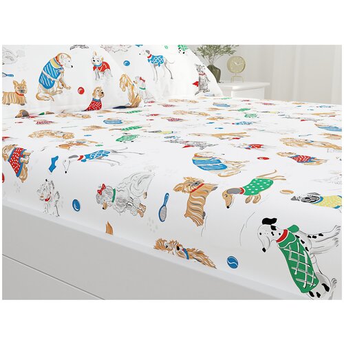 фото Простынь на резинке "dogs on white" натяжная 140х200 см 2-спальная сказка