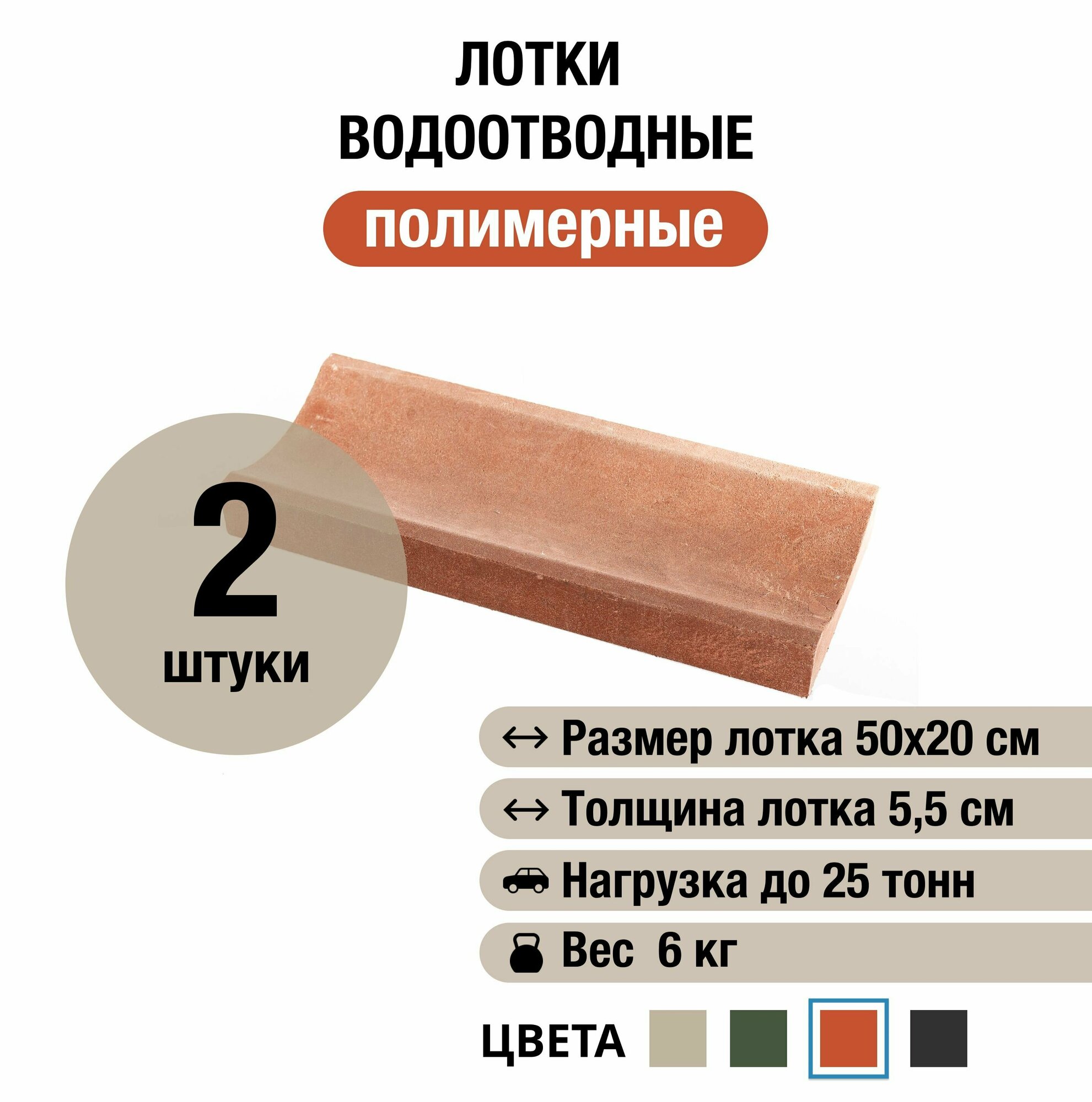 Лотки водоотводные 500х200х55 мм, 2 шт, мелкосидящие, полимерно-песчаные, красные - фотография № 1