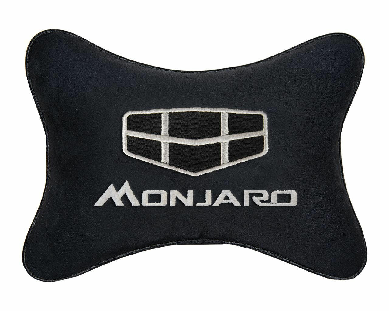 Автомобильная подушка на подголовник алькантара Black с логотипом автомобиля GEELY Monjaro
