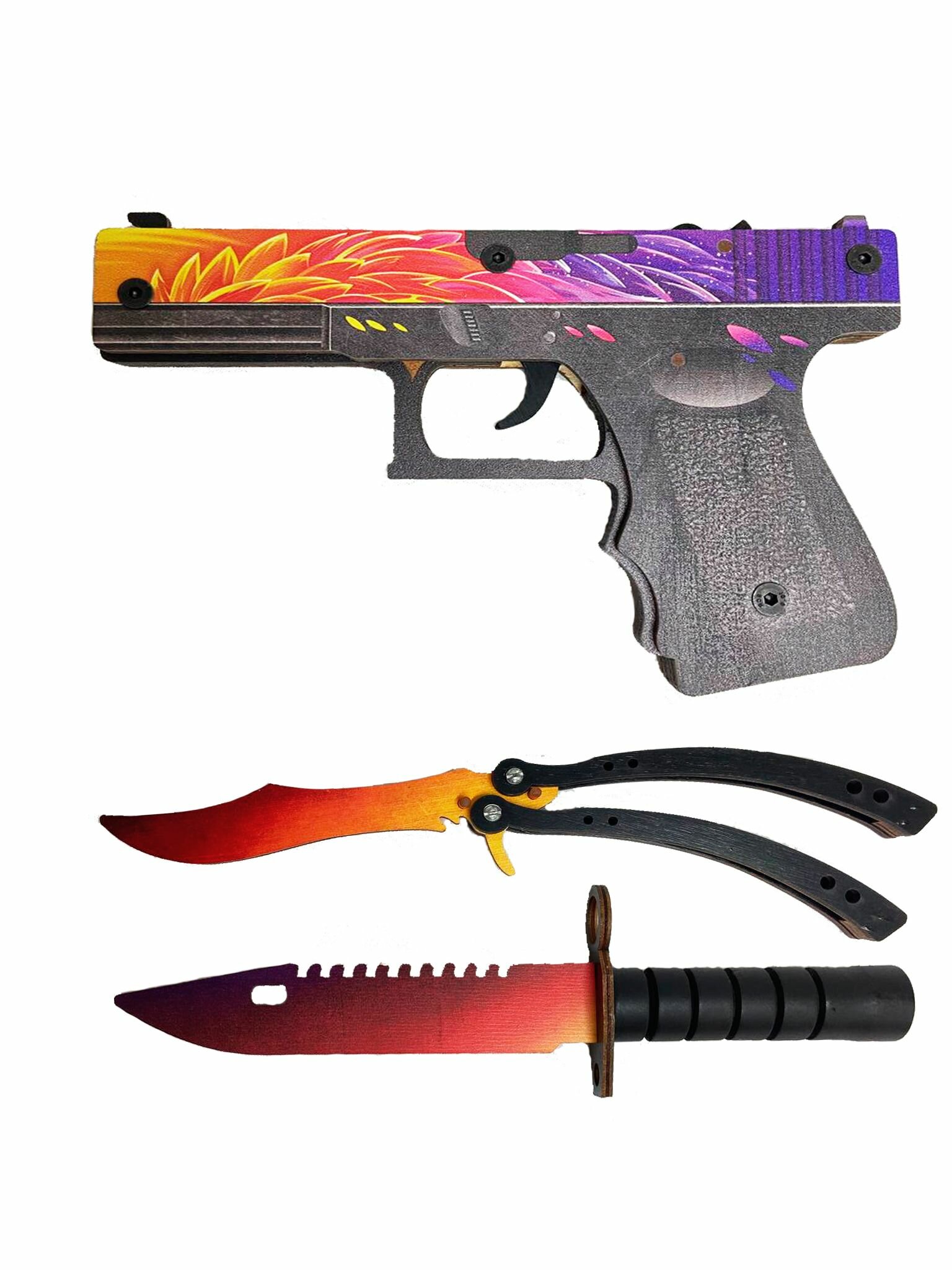 Набор деревянного оружия Градиент: пистолет Glock-18 нож Керамбит, штык нож М9