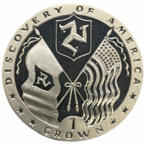 клуб нумизмат монета крона острова мэн 1997 года серебро елизавета ii Остров Мэн 1 крона 1992 г. (500 лет открытия Америки - Флаги) (Ag) (Proof)