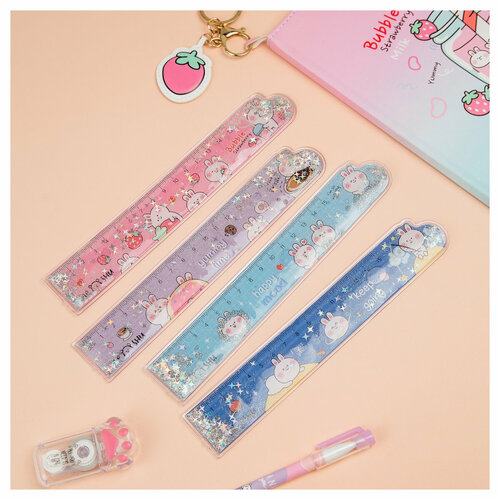 Линейка 15см MESHU Bubble bunny ПВХ с блестками, комплект 8 шт, ассорти, европодвес