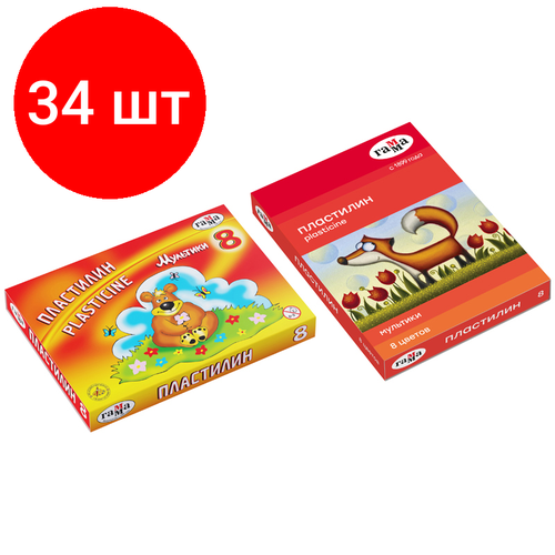 Комплект 34 шт, Пластилин Гамма Мультики, 08 цветов, 160г, со стеком, картон. упаковка