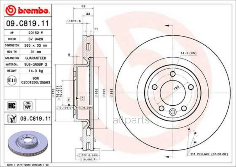 BREMBO 09. C819.11 Диск тормозной LAND ROVER DISCOVERY V 16-/RANGE ROVER IV 12- передний D 363мм.
