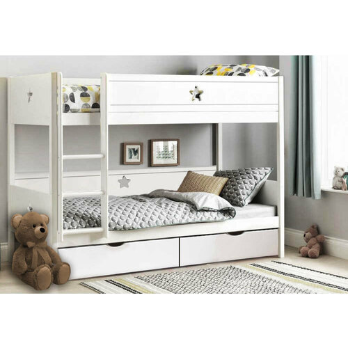Кровать 2-х ярусная дакота №2 100% массив 80х190 белая с ящиками для хранения (без матраса)