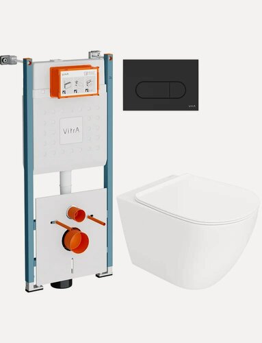 Изображение товара Инсталляция с унитазом комплект 3 в 1 Унитаз подвесной STWORKI Готланд S13401WH безободковый, с микролифтом, глянцевый белый, антивсплеск / Инсталляция VitrA V-Fix Core 732-5800-01PV / Кнопка черная