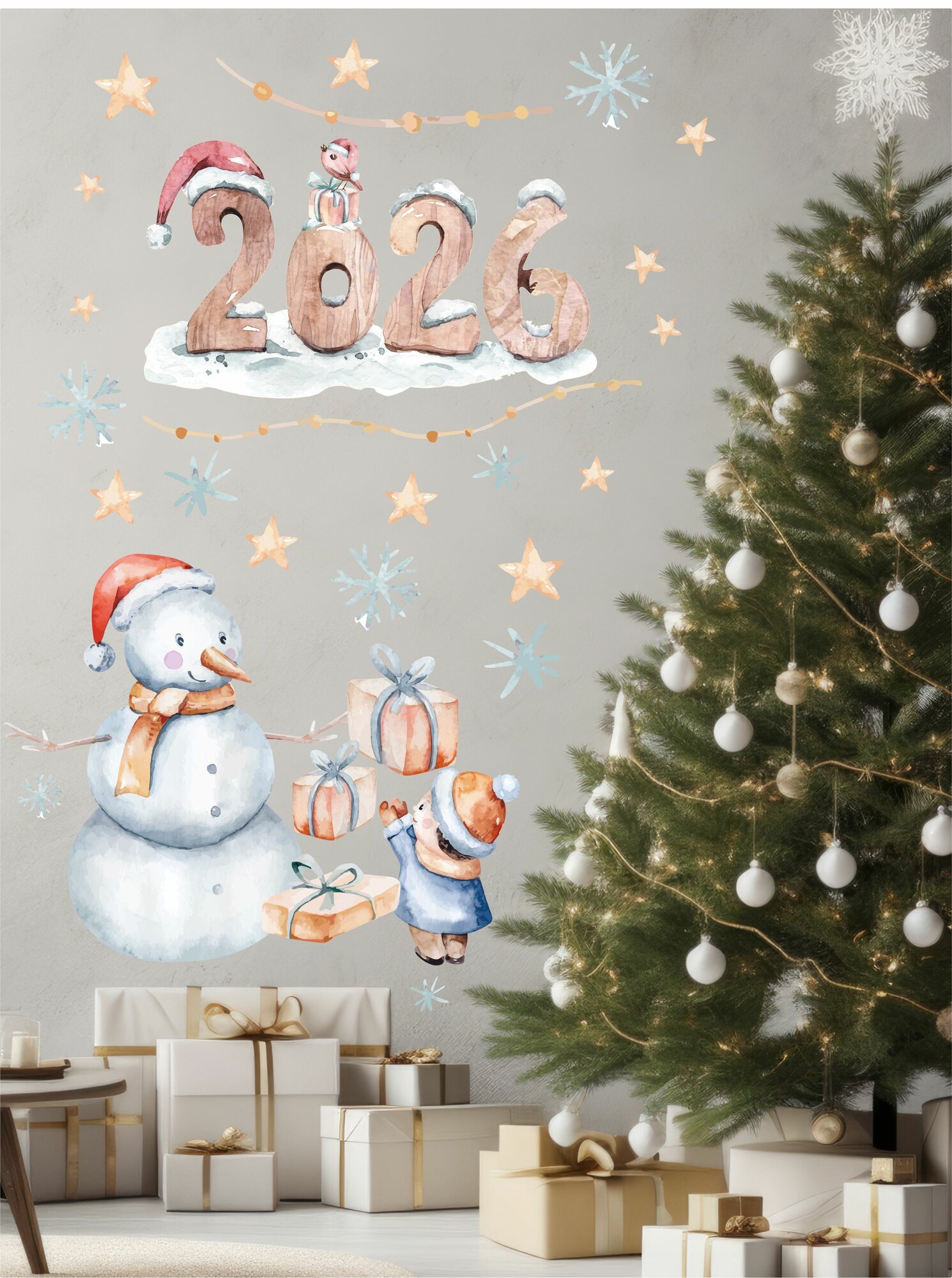 Наклейки интерьерные новогодний декор 2026 Снеговик 60х120 см на окна двери стены.