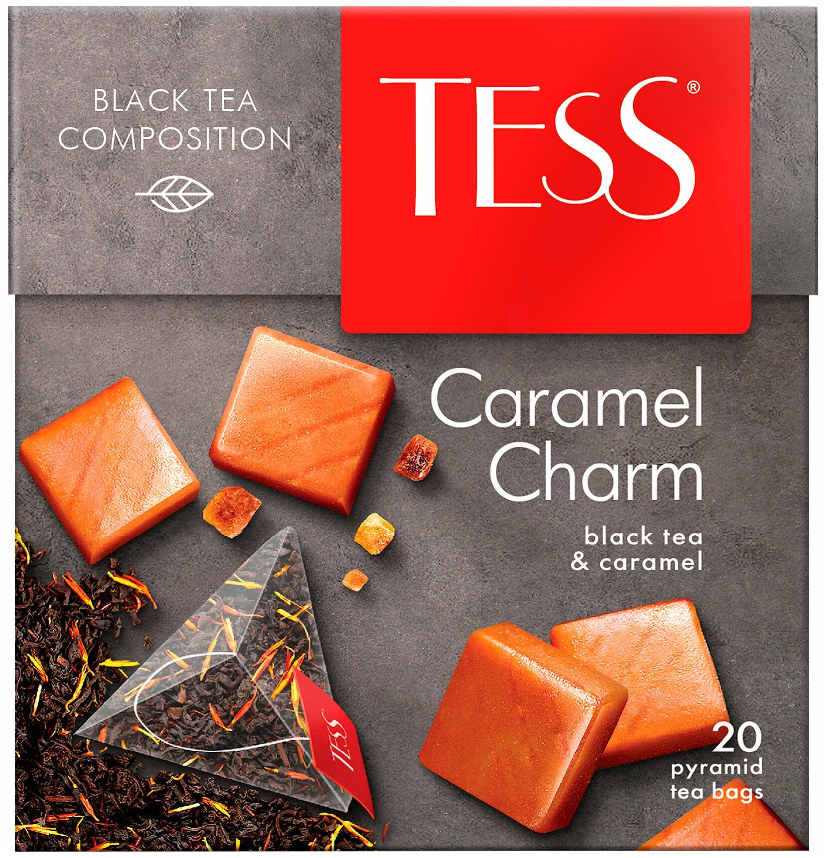 Чай Tess Caramel Charm черный с ароматом сливок, кусочками карамели и растительными компонентами 1.8*20 в пирамидках - фотография № 1