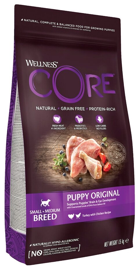 WELLNESS CORE ORIGINAL PUPPY беззерновой для щенков всех пород с индейкой и курицей (1,5 кг)