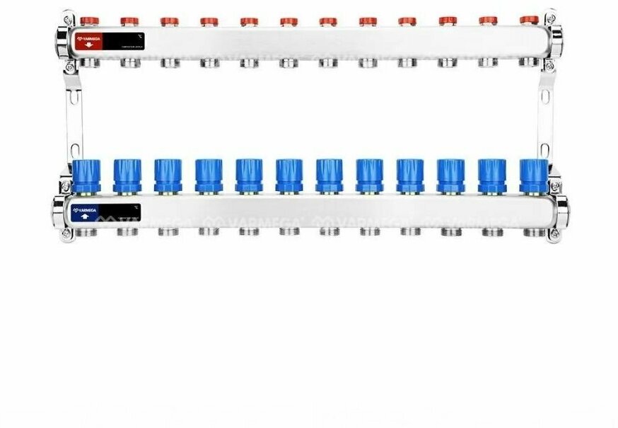 Коллекторная группа с расходомерами Varmega ВР 1", на 12 контуров, отводы 3/4" EK, нержавеющая сталь (Вармега)
