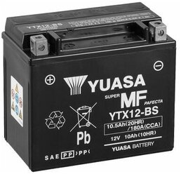 Аккумулятор мотоциклетный Yuasa AGM 12V 10Ah сухозаряженный АКБ в комплекте с электролитом (YTX12-BS)