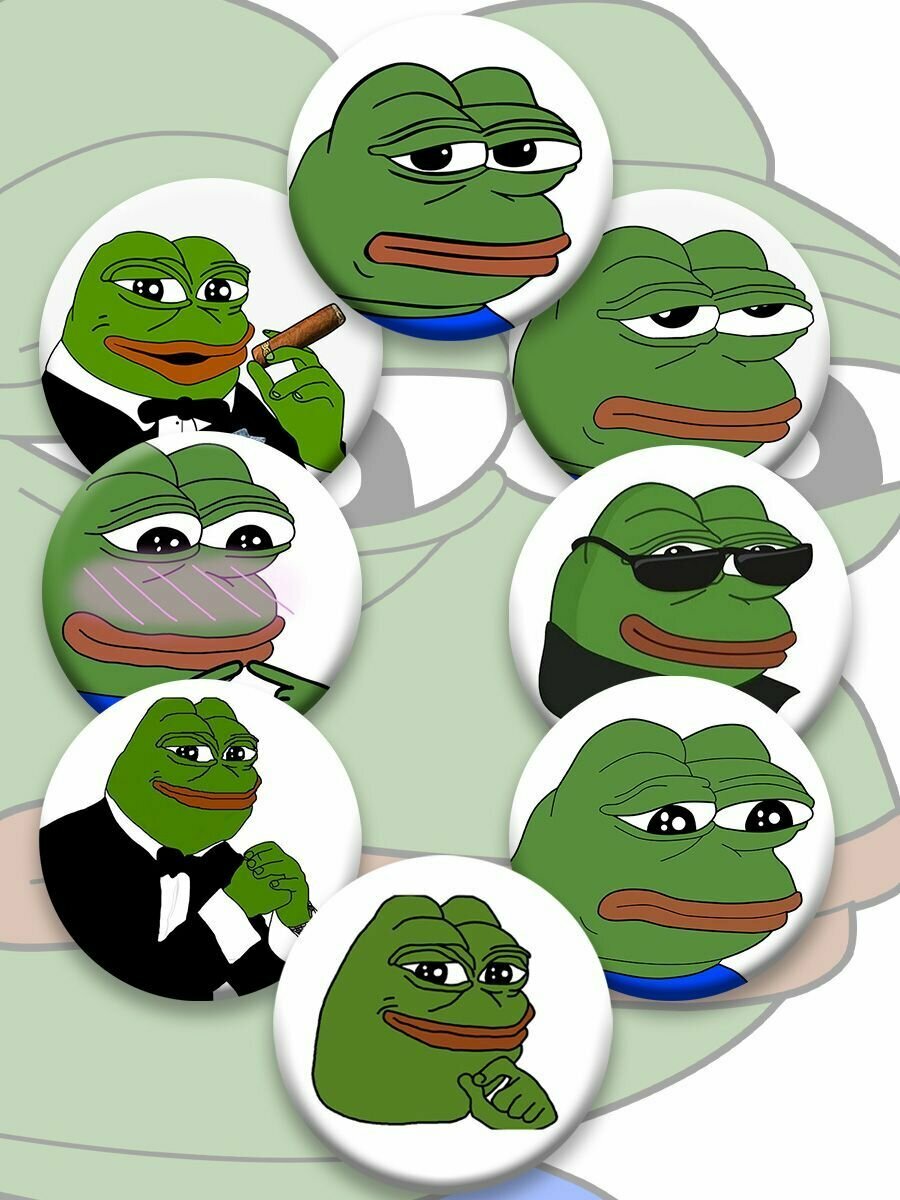 Набор значков Пепе 44 мм 8 шт/ лягушка пепе/ Sad Frog/ Smug Frog / Pepe/ мем лягушка/ интернет мем значки/ значок мем