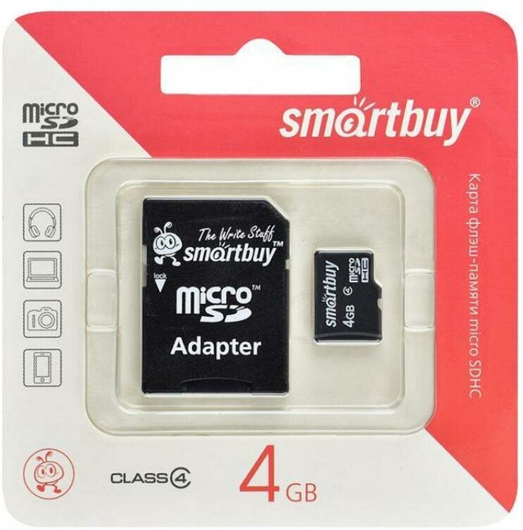 Карта памяти MicroSDHC 4 Gb CL4 Smart Buy в блистере с адаптером