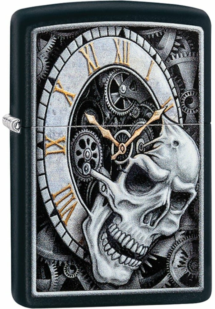 ZIPPO Зажигалка Skull Clock с покрытием Black Matte латунь/сталь чёрная матовая 38x13x57 мм 29854