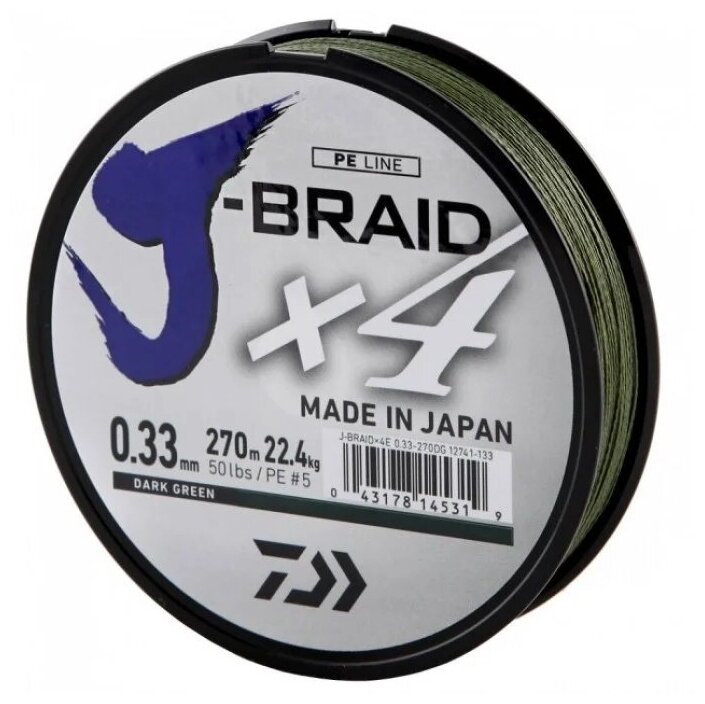 Плетеный шнур DAIWA J-Braid X4 d=0.33 мм, 270 м, 22.4 кг, dark green