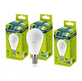 Светодиодная LED лампа Ergolux шар G45 E14 9W(780lm 220°) 4500K 4K матов. 92x45 пластик/алюм. LED-G45-9W-E14-4K