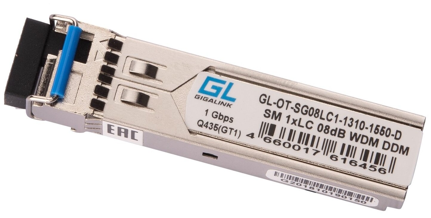 GIGALINK GL-OT-SG14LC1-1550-1310-D Модуль SFP, WDM, 1Гбит/c, одно волокно SM, LC, Tx:1550/Rx:1310 нм, DDM, 14 дБ (до 20 км)