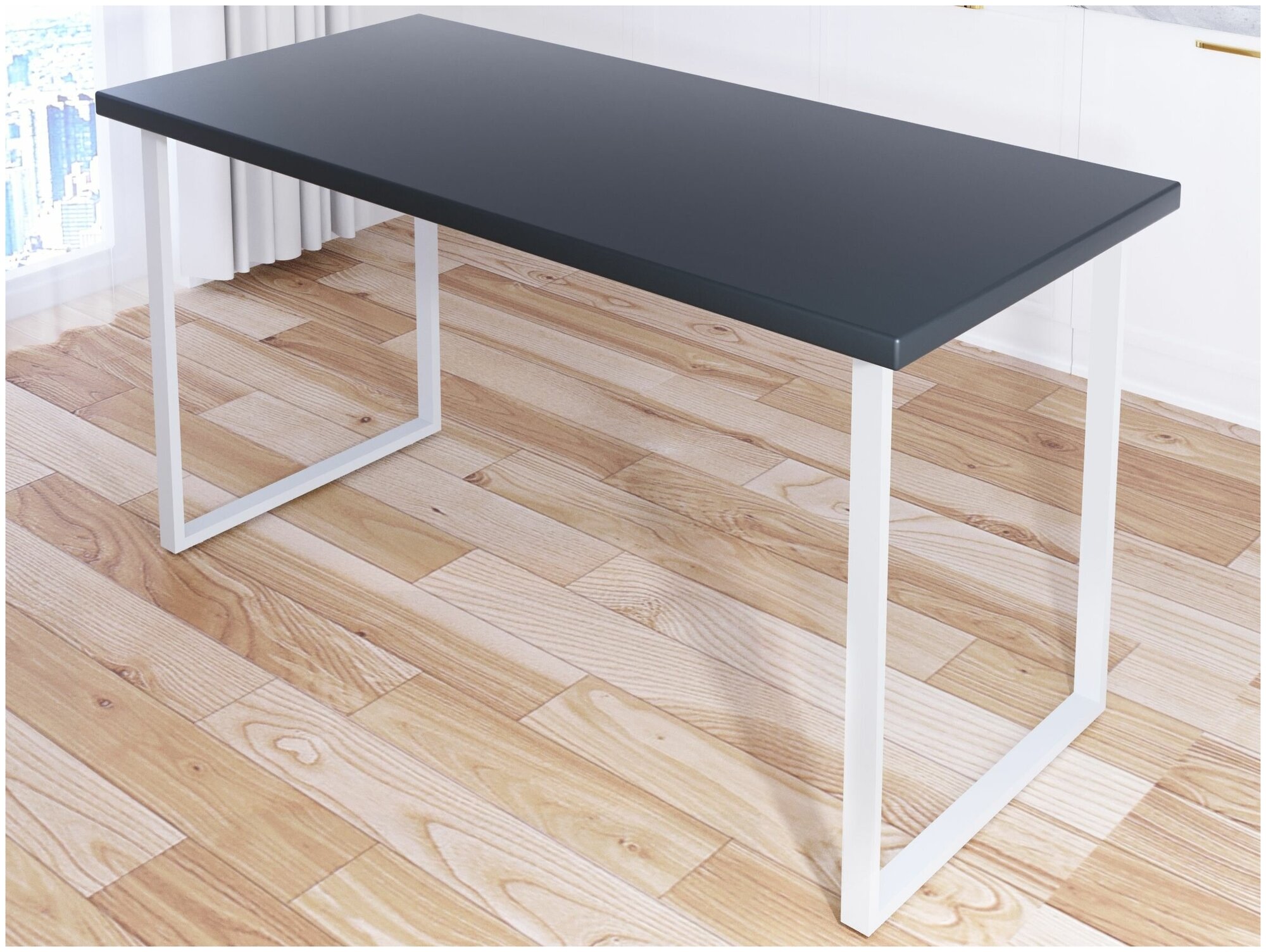 Стол кухонный Loft со столешницей цвета антрацит из массива сосны 40 мм и белыми металлическими ножками 140х75х75 см