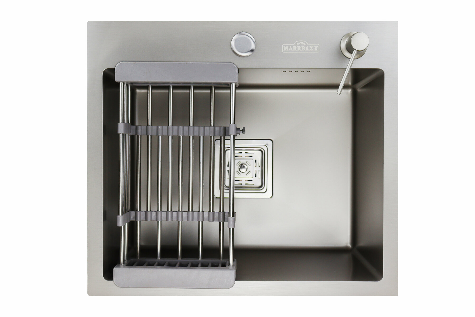 фото Мойка из нержавеющей стали SIRIUSLINE Premium 50х44 (в комплекте с коландером, врезным дозатором, и сифоном), квадратный выпуск, толщина стали 3 мм