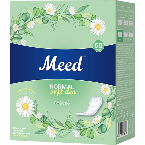 Женские прокладки MEED Normal Soft Deo (60 шт.), гигиенические, ежедневные, целлюлозные, 2 капли