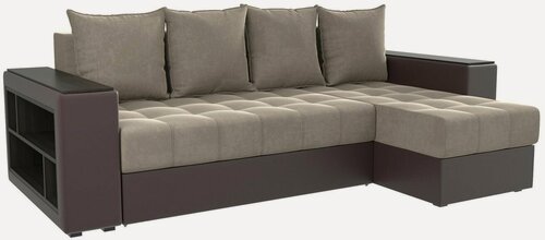 Изображение товара Угловой Диван Дубай М, Еврокнижка, Вельвет, Темно-Бежевый/Экокожа Коричневый, Угол правый, Ящик для белья, 258х160х80 см