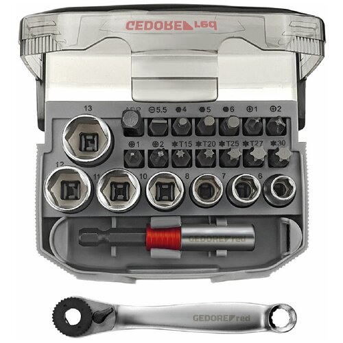 фото Набор торцевых головок gedore red 3300026 1/4" с битами и компактным переходником, 23 шт, 70 х 50 х 50 мм