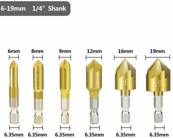 Набор зенкеров XCAN шестигранный хвостовик 90 градусов 6-19 мм 6 шт.