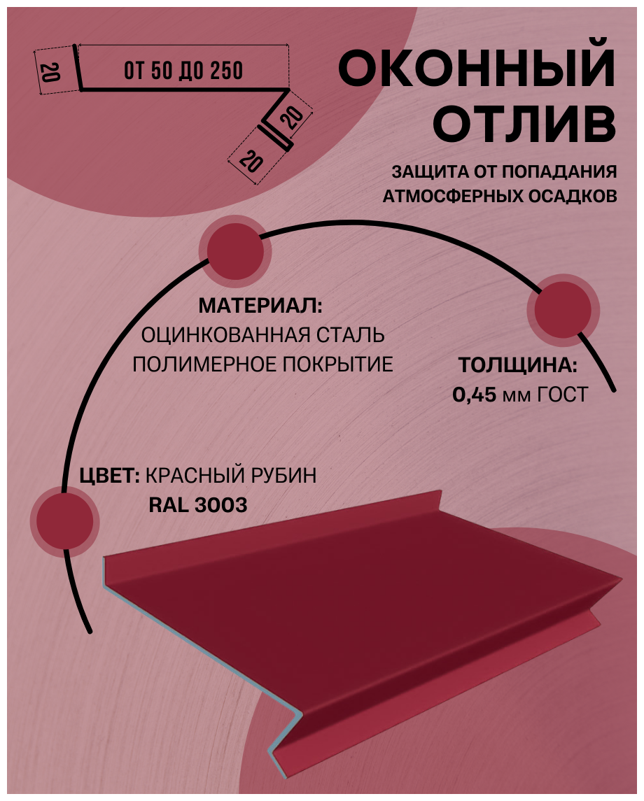 Отлив оконный (цокольный) металлический сложный ширина 110 мм длина 1000 мм красный рубин RAL 3003 - фотография № 1