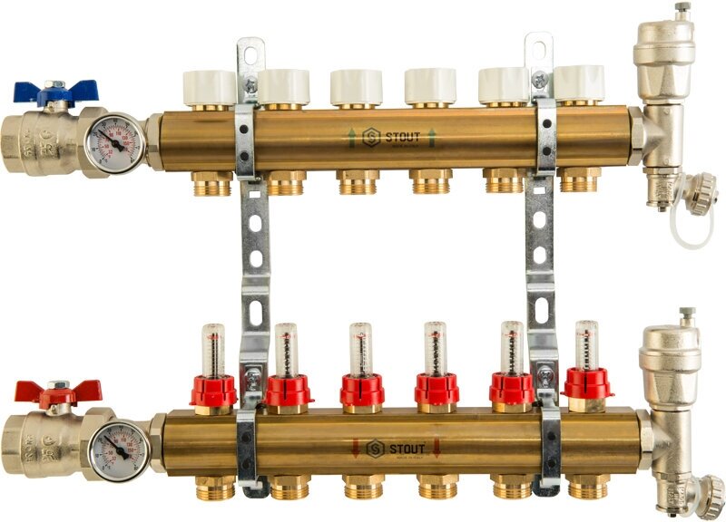 STOUT Распределительный коллектор 5 контуров из латуни с расходомерами