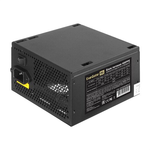 Блок питания 400W ExeGate 400PPE (ATX, APFC, PC, КПД 80% (80 PLUS), 12cm fan, 24pin, (4+4)pin, PCI-E, 5xSATA, 3xIDE, black, кабель 220V в комплекте) EX260638RUS-PC exegate ex260638rus pc блок питания