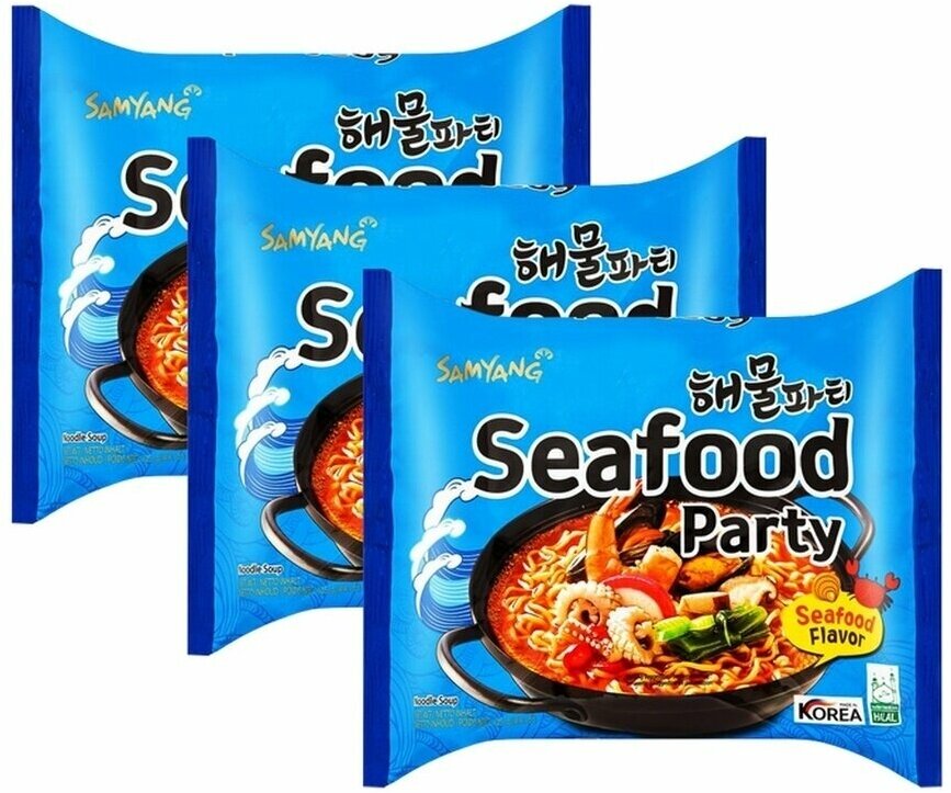 Лапша быстрого приготовления Samyang Seafood Party Ramen со вкусом морепродуктов (Корея), 125 г (3 шт)
