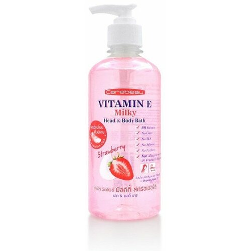 VITAMIN E MILKY Head & Body Bath STRAWBERRY, Carebeau (витамин Е И молоко, Гель для душа и волос клубника, Кеабью), 450 мл.