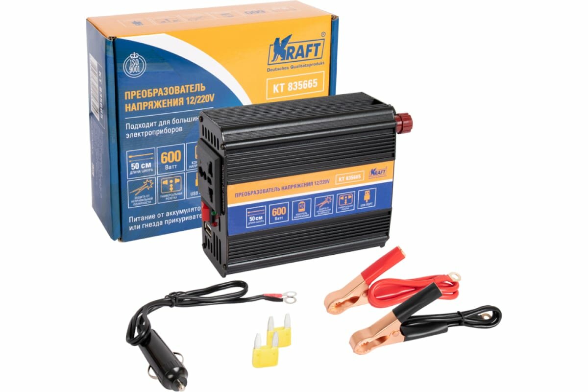 KRAFT Инвертор автомобильный 12/220V 600W KT 835665