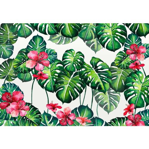 Моющиеся виниловые фотообои Листья монстеры и гибискус 400х280 см 10338₽