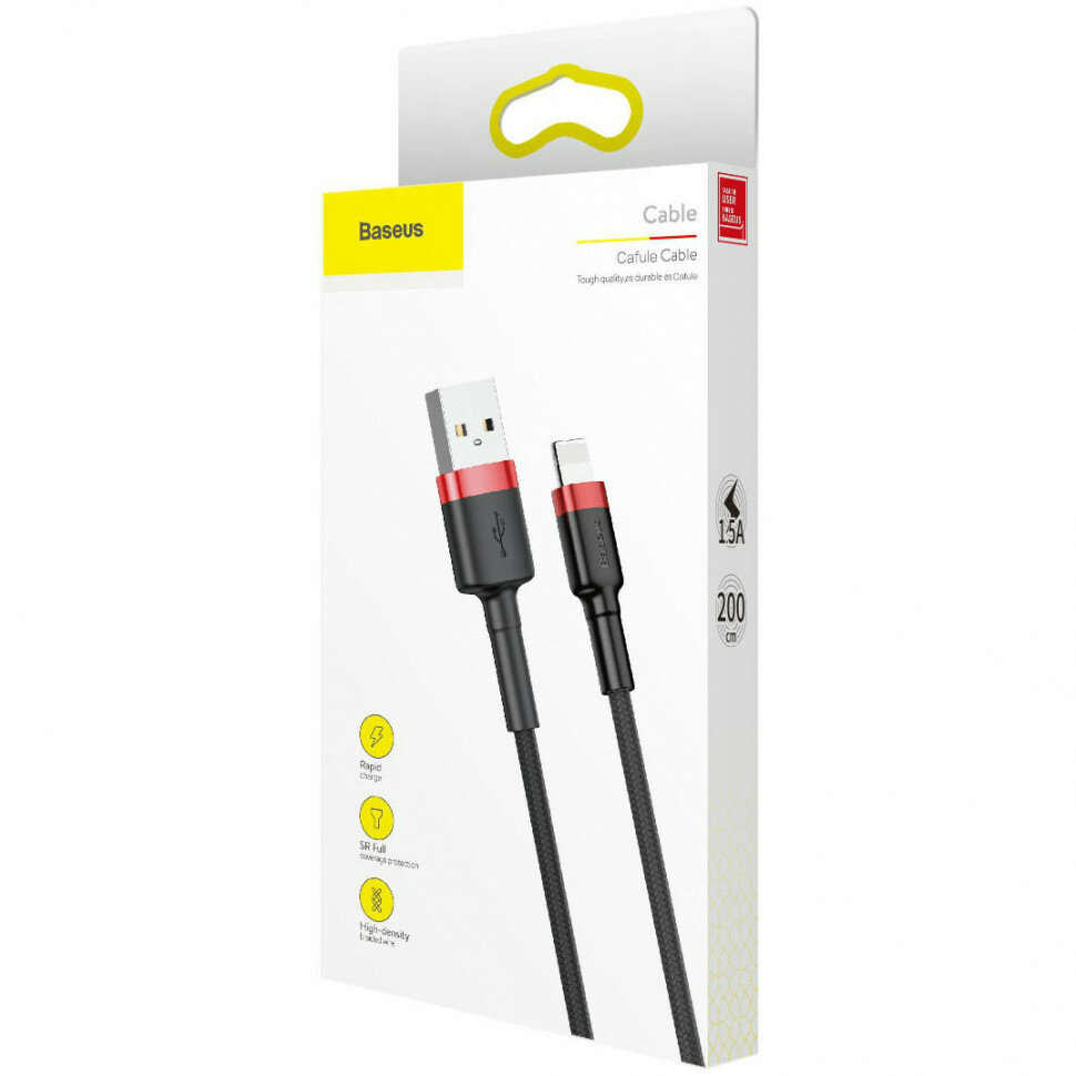 Дата-кабель Baseus Cafule Cable CALKLF-C19, USB To Lightning для iPhone, 2м красно-черный