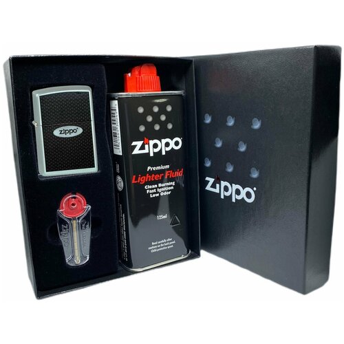 Подарочный набор ZIPPO ( Зажигалка ZIPPO 205 Zippo Oval, серебристая, с покрытием Satin Chrome + кремни + топливо, 125 мл )