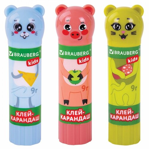 Клей-карандаш Brauberg Kids Зверята: кошка, мышка, хрюшка, 9г, фигурный колпачок, 24шт. (271138) клей карандаш brauberg kids пастельные зверята мышка тигр бегемот 9г фигурный колпачок 24шт 271140