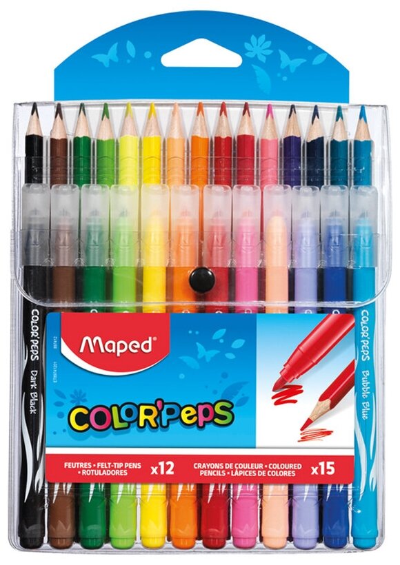 Набор для рисования Maped Color'Peps, 12 фломастеров (линия 2.8мм) + 15 цветных карандашей (897412)